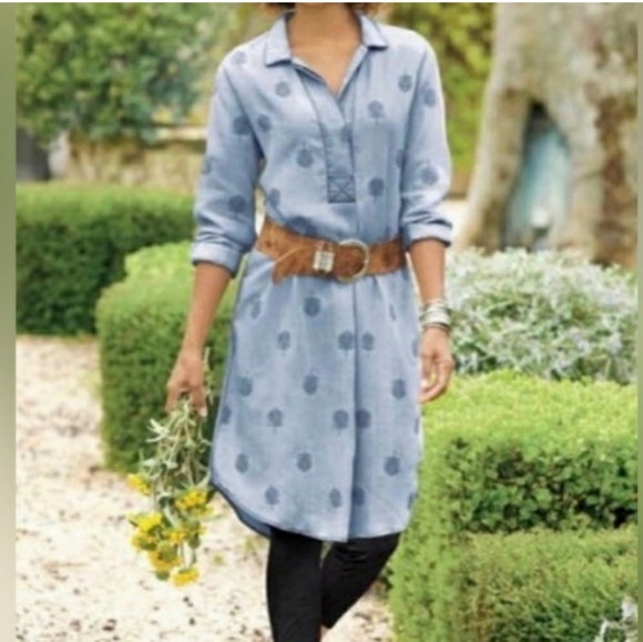 Soft Surroundings Dresses & Skirts - Soft Surroundings Paisley Park Chambray Feather Embroidered Tunic Shirtdress